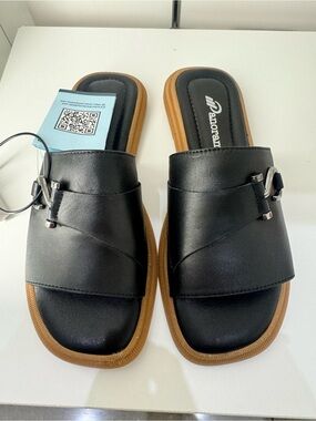 Black Slide Sandals with Tan Sole